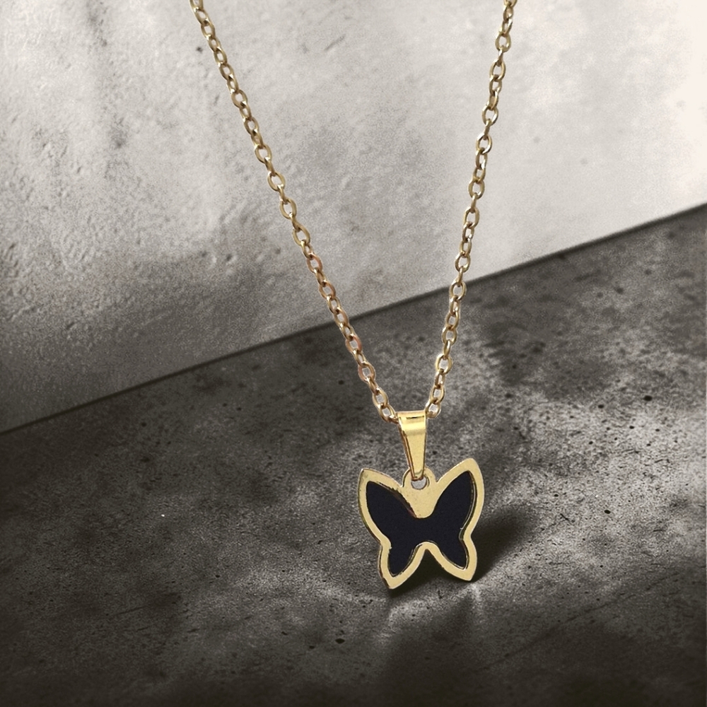 Gold Butterfly Pendant Necklace - BLACK - Picture 2 of 3